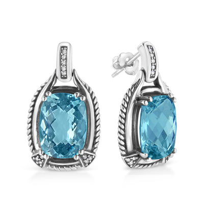 .925 Sterling Silver 14x10MM Cushion Cut Blue Topaz Gemstone and Diamond Accent Dangle Earring (I-J Color, I1-I2 Clarity) Bids.com