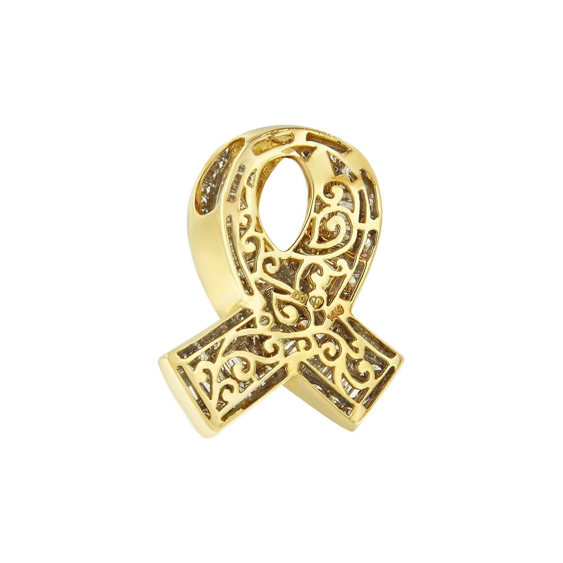 14K Yellow Gold 2 5/8 cttw Channel Set White Diamond Awareness Ribbon Pendant Necklace (G-H Color, VS1-VS2 Clarity) - NO CHAIN Bids.com