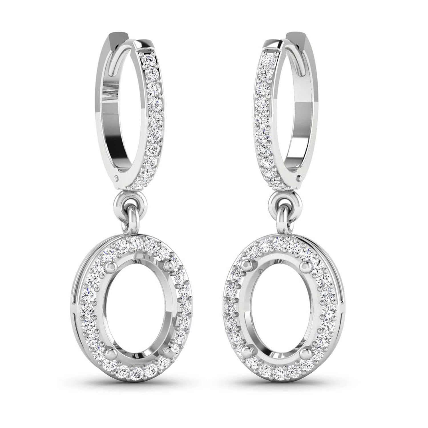0.32 Carat Genuine White Diamond 14K White Gold Semi Mount Earrings - holds 8x6mm Oval Gemstones Bids.com