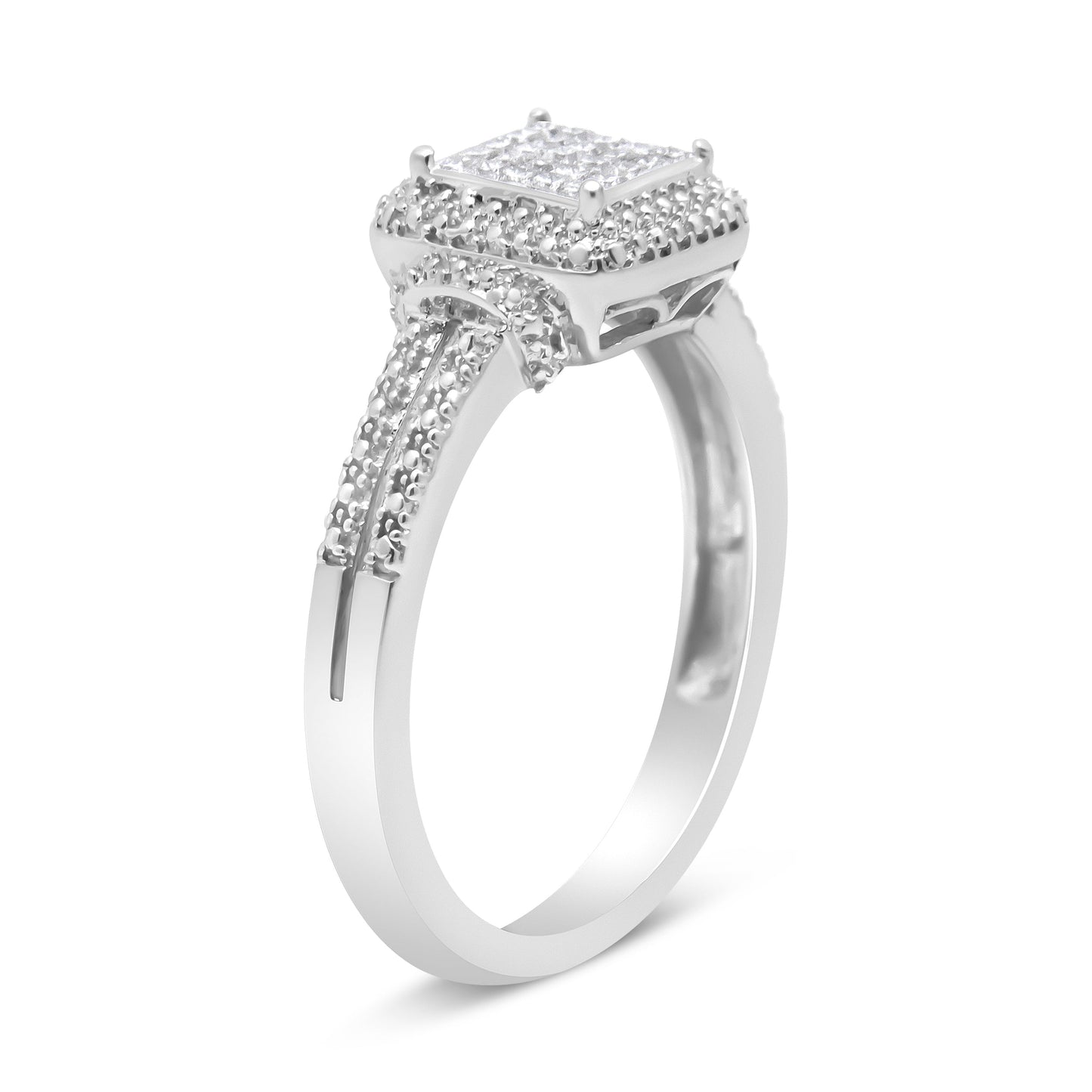 .925 Sterling Silver 1/4 Cttw Princess-cut Diamond Composite Ring with Beaded Halo (H-I Color, SI1-SI2 Clarity) - Size 7 Bids.com