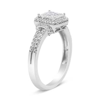 .925 Sterling Silver 1/4 Cttw Princess-cut Diamond Composite Ring with Beaded Halo (H-I Color, SI1-SI2 Clarity) - Size 7 Bids.com