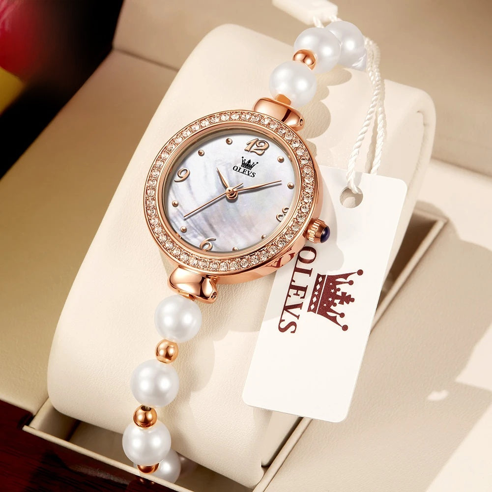 Women's Pearl Bracelet Watch Rose Gold Crystal Bezel BandsCo Straps