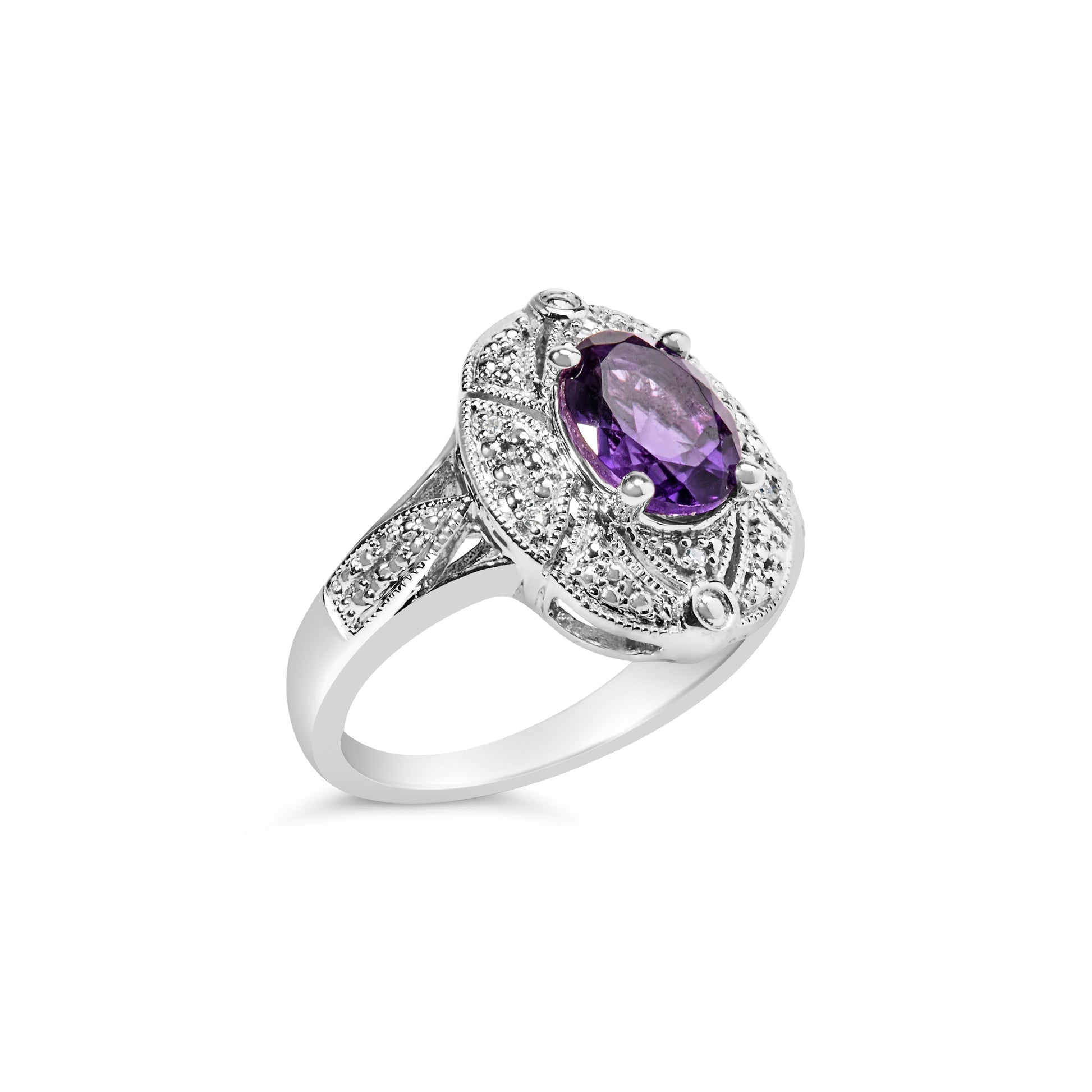 .925 Sterling Silver 9x7mm Oval Purple Amethyst and Diamond Accent Art Deco Style Cocktail Ring (I-J Color, I1-I2 Clarity) - Size 6 Bids.com