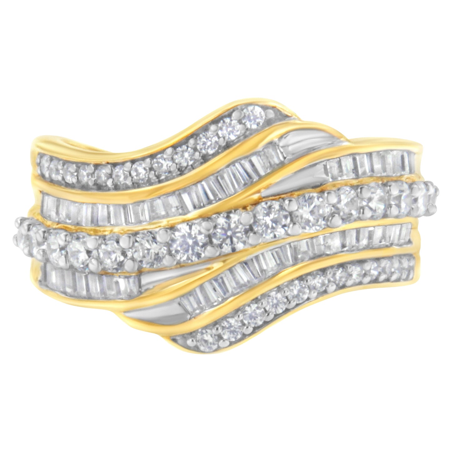 10K Yellow Gold 1.0 Cttw Baguette and Round Diamond Multi-Row Wave Bypass Ring (I-J Color, I1-I2 Clarity) - Ring Size 7 Bids.com