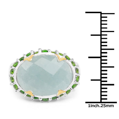 Two Tone Plated 9.12 Carat Genuine Milky Aquamarine and Chrome Diopside .925 Sterling Silver Ring Bids.com