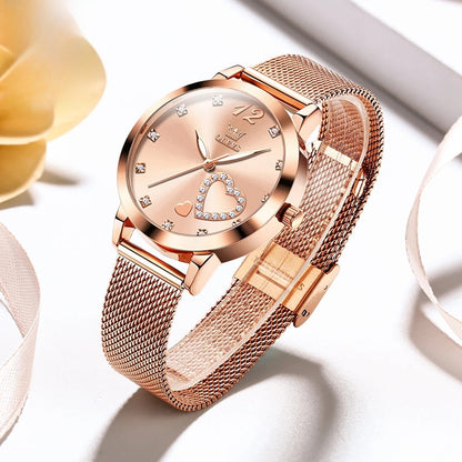 Rose Gold Mesh Women's Watch Heart Crystal Dial Quartz BandsCo Straps