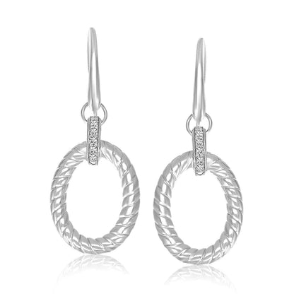 Sterling Silver Rhodium Finished Diamond Embellished Oval Rope Drop Earrings Bids.com