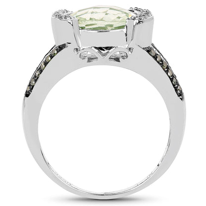3.59 Carat Genuine Green Amethyst, Green Diamond & White Diamond .925 Sterling Silver Ring Bids.com
