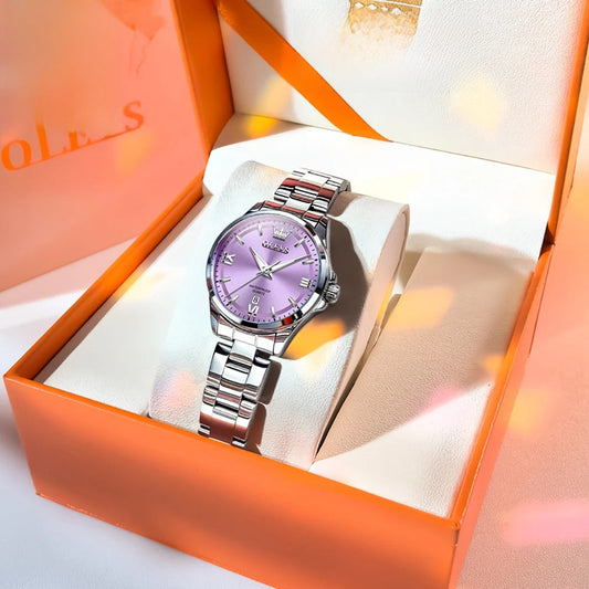 Women's Stainless Steel Watch Lavender Dial Calendar BandsCo Straps