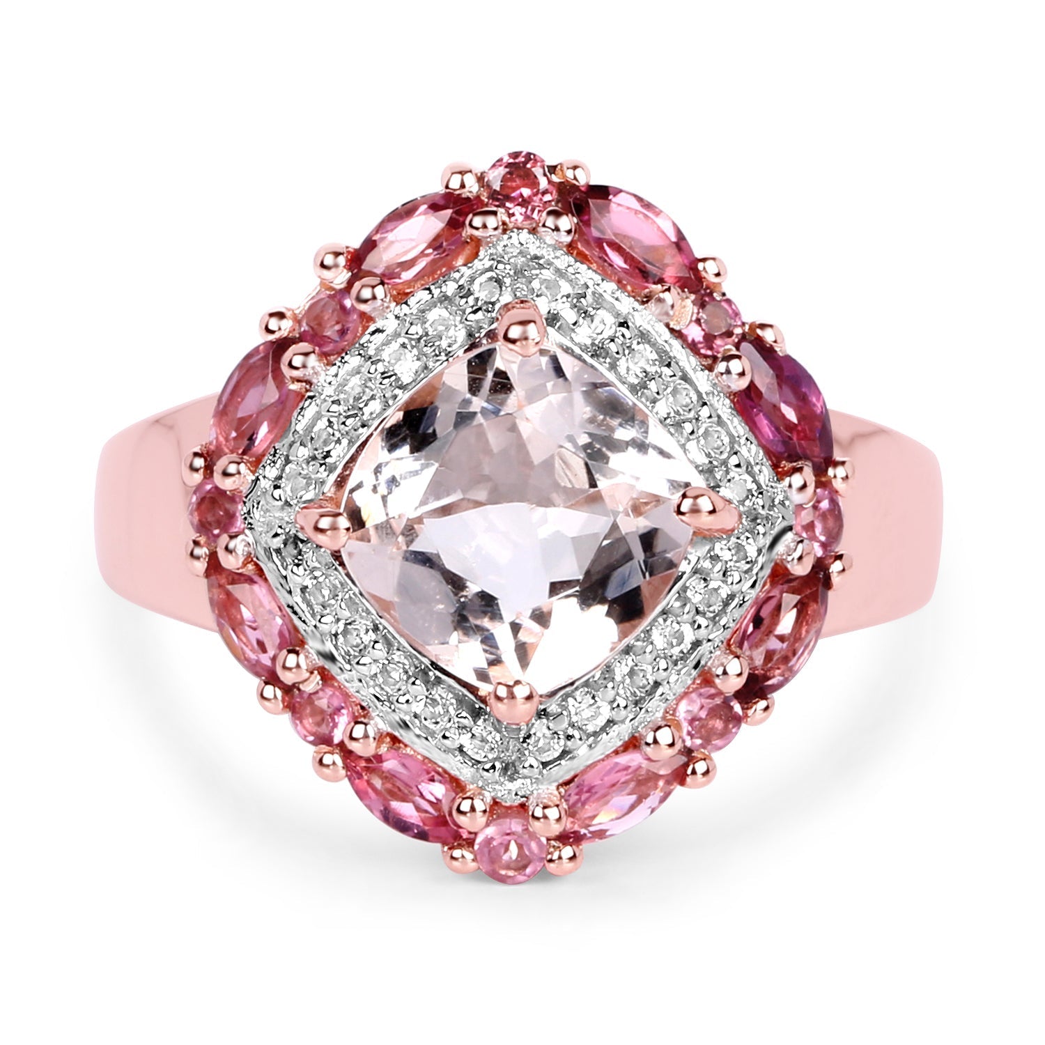 14K Rose Gold Plated 3.11 Carat Genuine Morganite, Pink Tourmaline & White Topaz .925 Sterling Silver Ring Bids.com