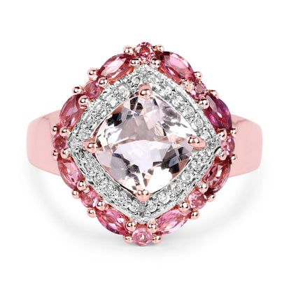 14K Rose Gold Plated 3.11 Carat Genuine Morganite, Pink Tourmaline & White Topaz .925 Sterling Silver Ring Bids.com