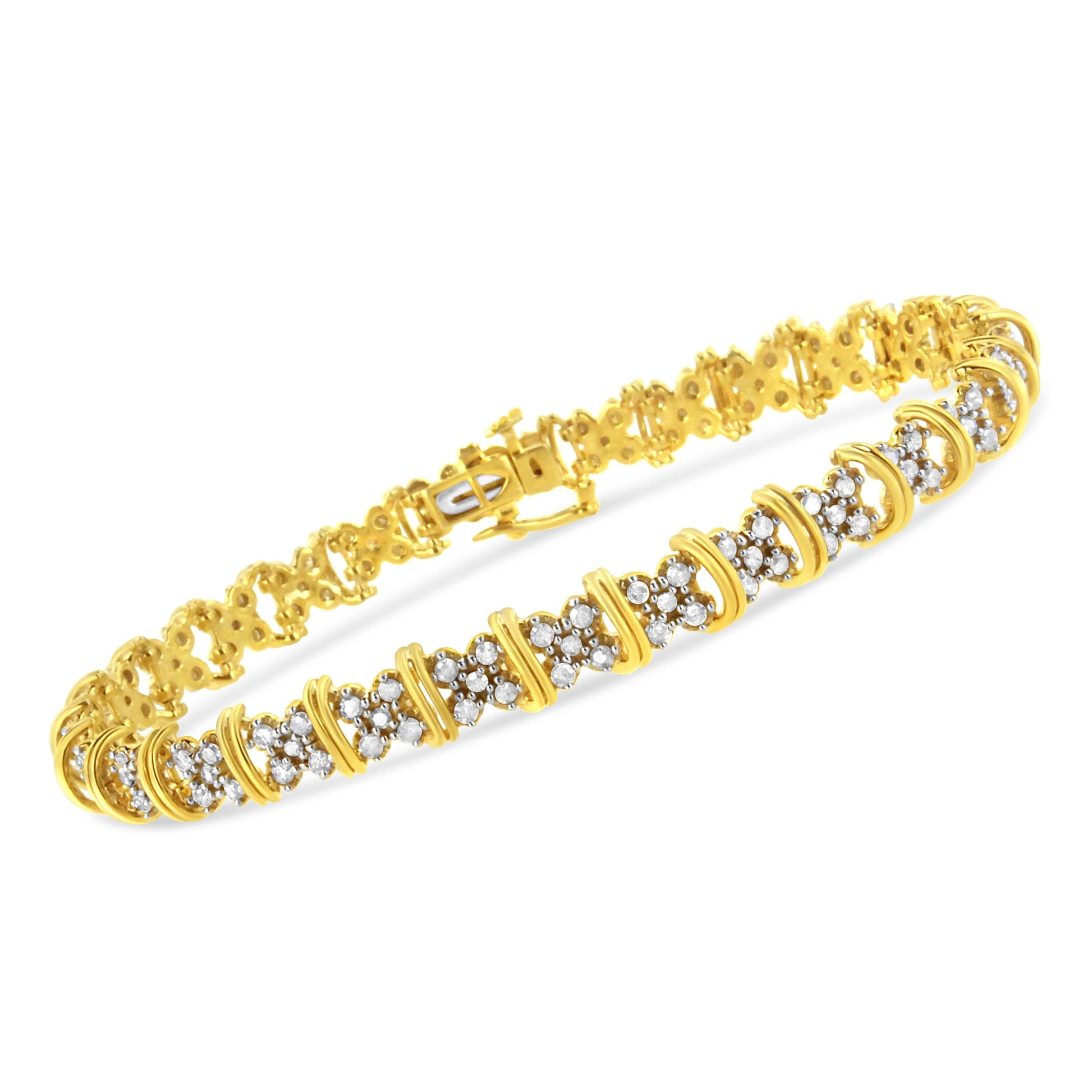 10K Yellow Gold Plated .925 Sterling Silver 2.0 Cttw Round Diamond Cluster "X" Shaped Link Bracelet (H-I Color, I3 Clarity) - 7" Bids.com