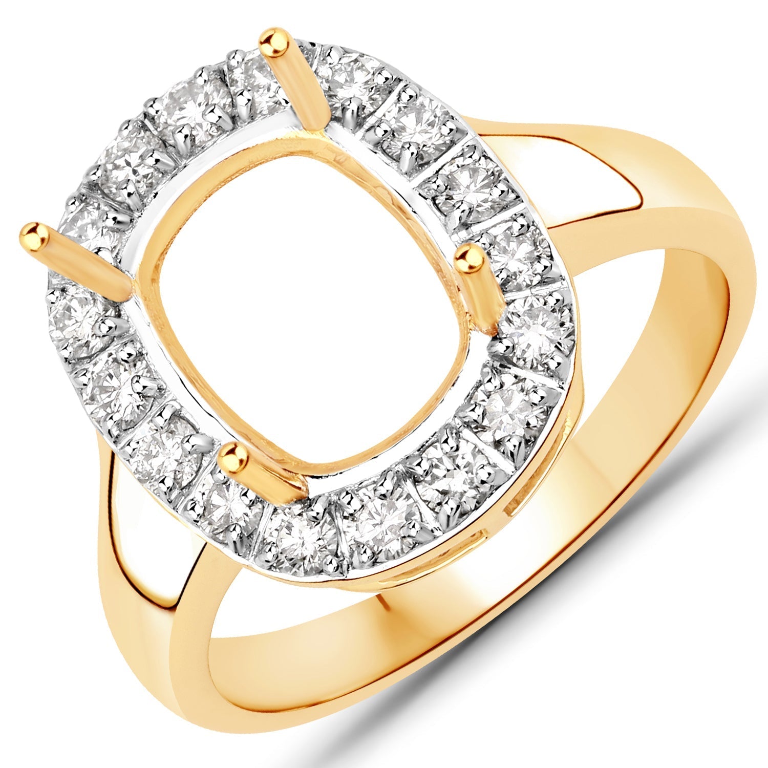 0.51 Carat Genuine White Diamond 14K Yellow Gold Semi Mount Ring - holds 10x8mm Cushion Gemstone Bids.com