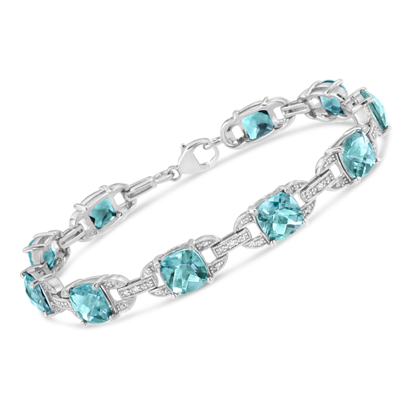 .925 Sterling Silver 7x7 mm Cushion Cut Blue Topaz and 1/20 cttw Round Cut Diamond Fashion Tennis Bracelet (I-J Color, I1-I2 Clarity) - 7" Bids.com