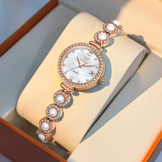 Women's Gold Pearl Bracelet Watch Quartz Date Elegant BandsCo Straps