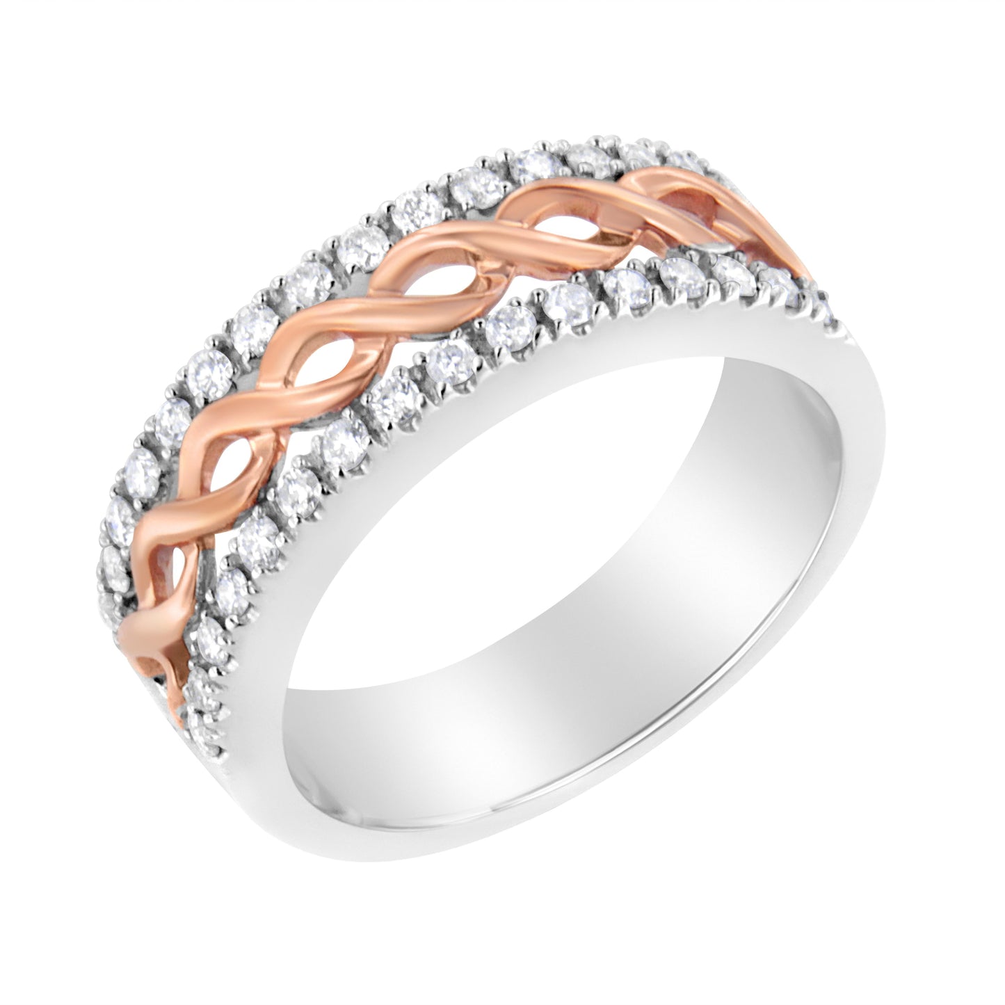10K White and Rose Gold 1/3 Cttw Diamond Split Shank and Infinity Ribbon Band Ring (I-J Color, I1-I2 Clarity) - Size 6 Bids.com