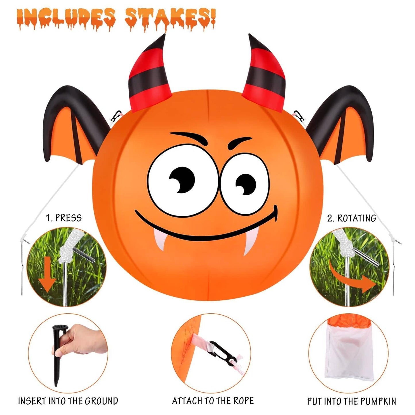 CAMAULAN 4FT Halloween Pumpkin Outdoor Decoration with a Bat DailySale