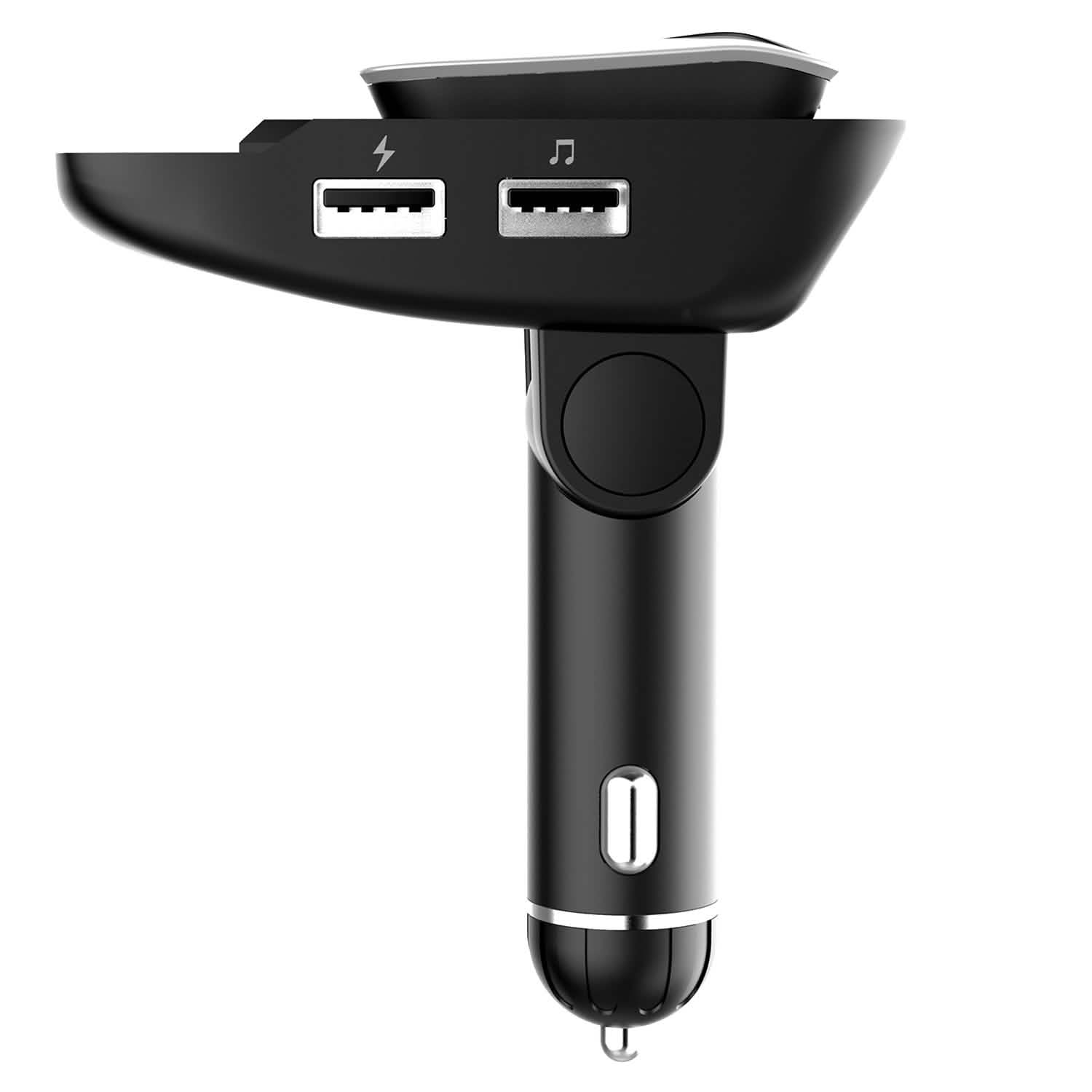 Car FM Transmitter with Wireless Earpiece 2 USB Charge Ports DailySale