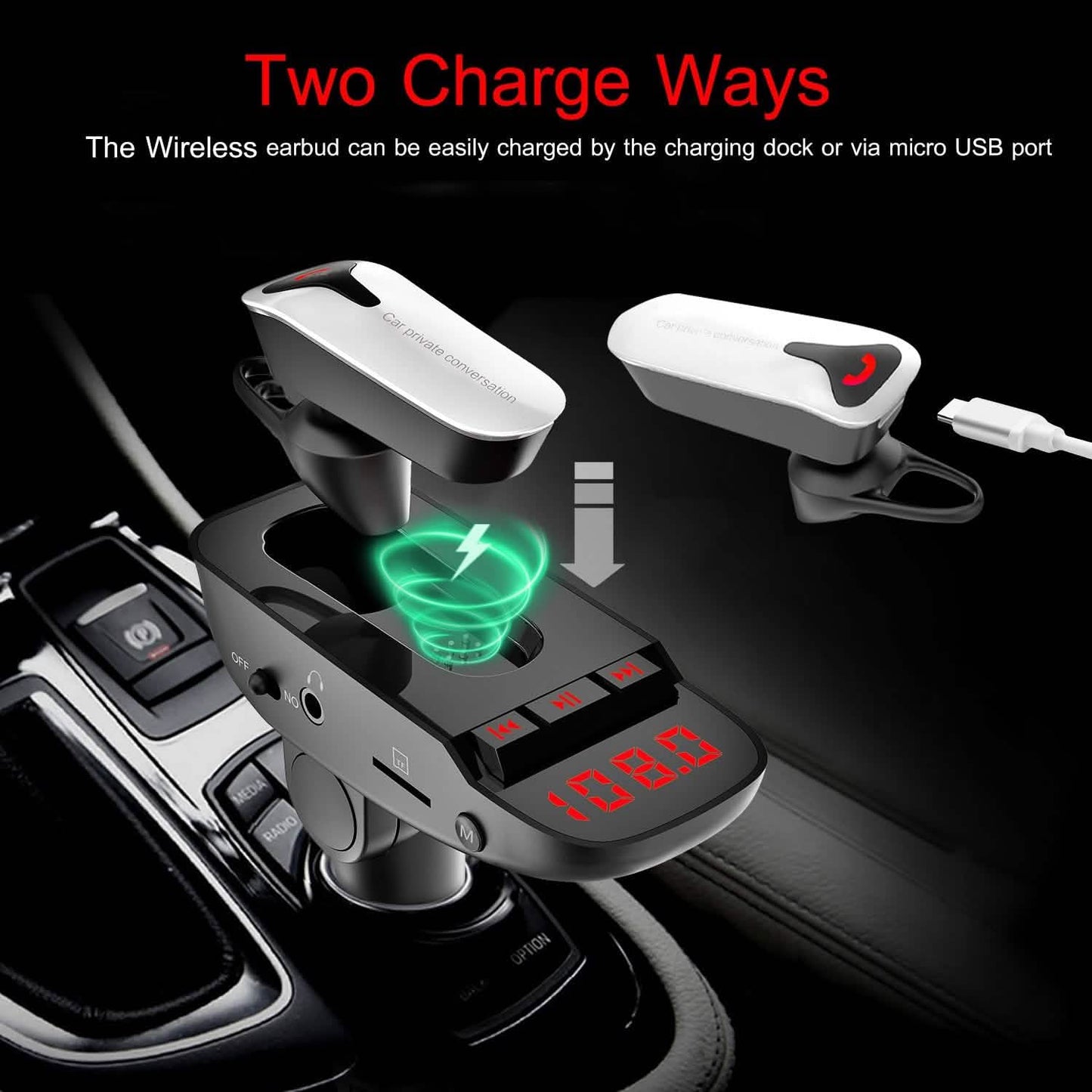 Car FM Transmitter with Wireless Earpiece 2 USB Charge Ports DailySale