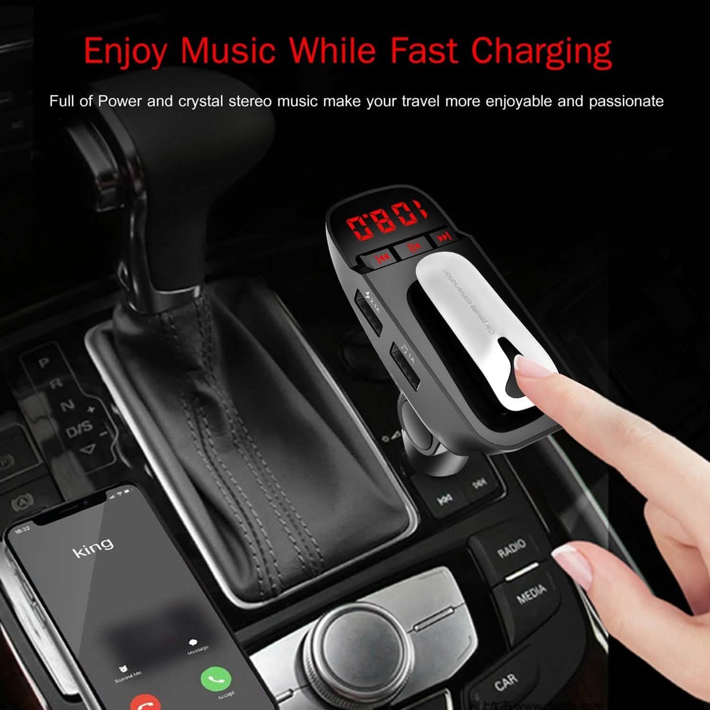 Car FM Transmitter with Wireless Earpiece 2 USB Charge Ports DailySale