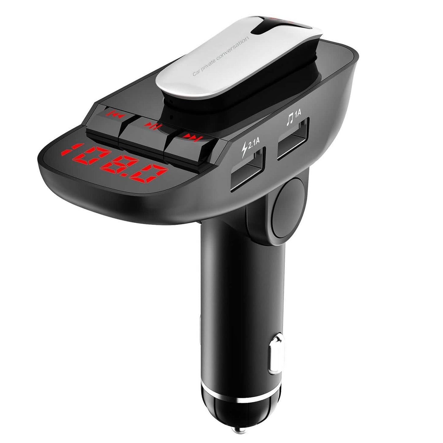 Car FM Transmitter with Wireless Earpiece 2 USB Charge Ports DailySale