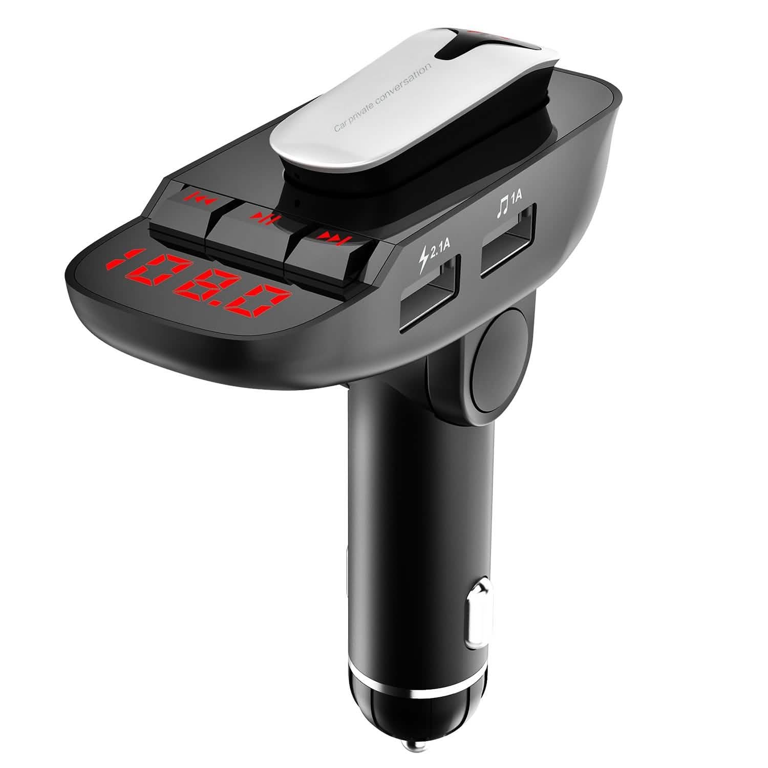 Car FM Transmitter with Wireless Earpiece 2 USB Charge Ports DailySale
