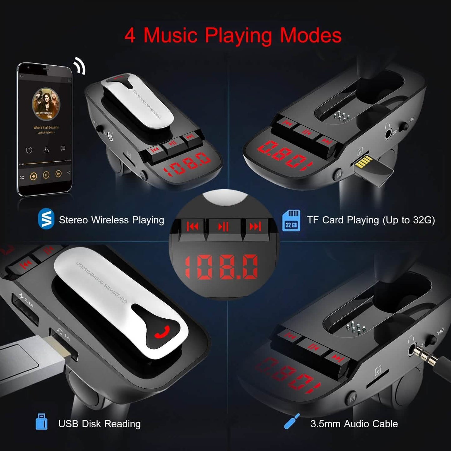 Car FM Transmitter with Wireless Earpiece 2 USB Charge Ports DailySale