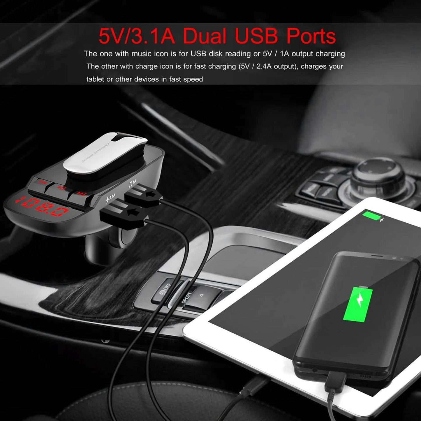Car FM Transmitter with Wireless Earpiece 2 USB Charge Ports DailySale
