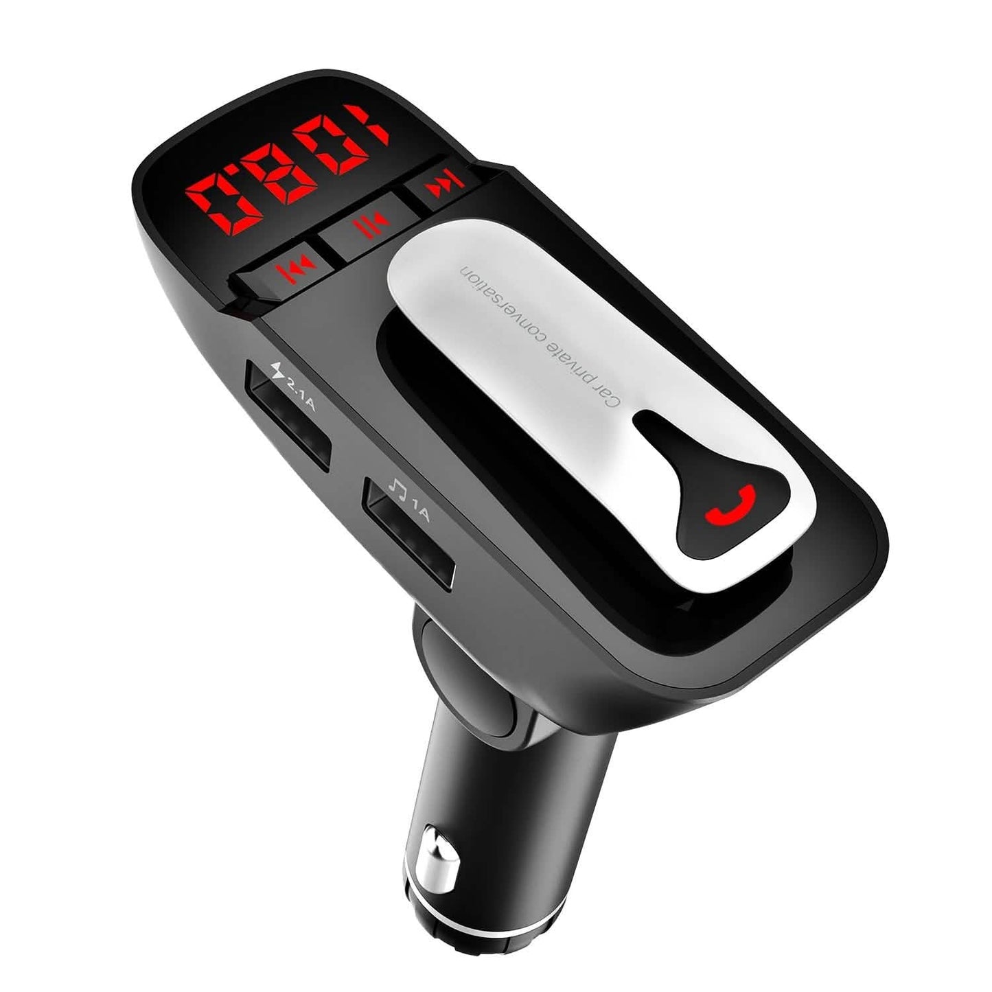 Car FM Transmitter with Wireless Earpiece 2 USB Charge Ports DailySale