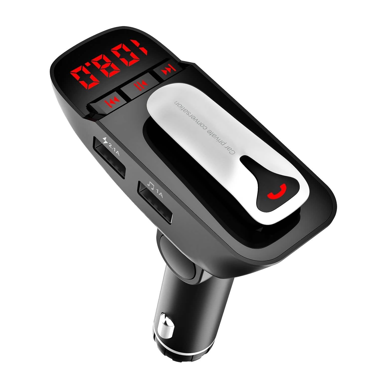 Car FM Transmitter with Wireless Earpiece 2 USB Charge Ports DailySale