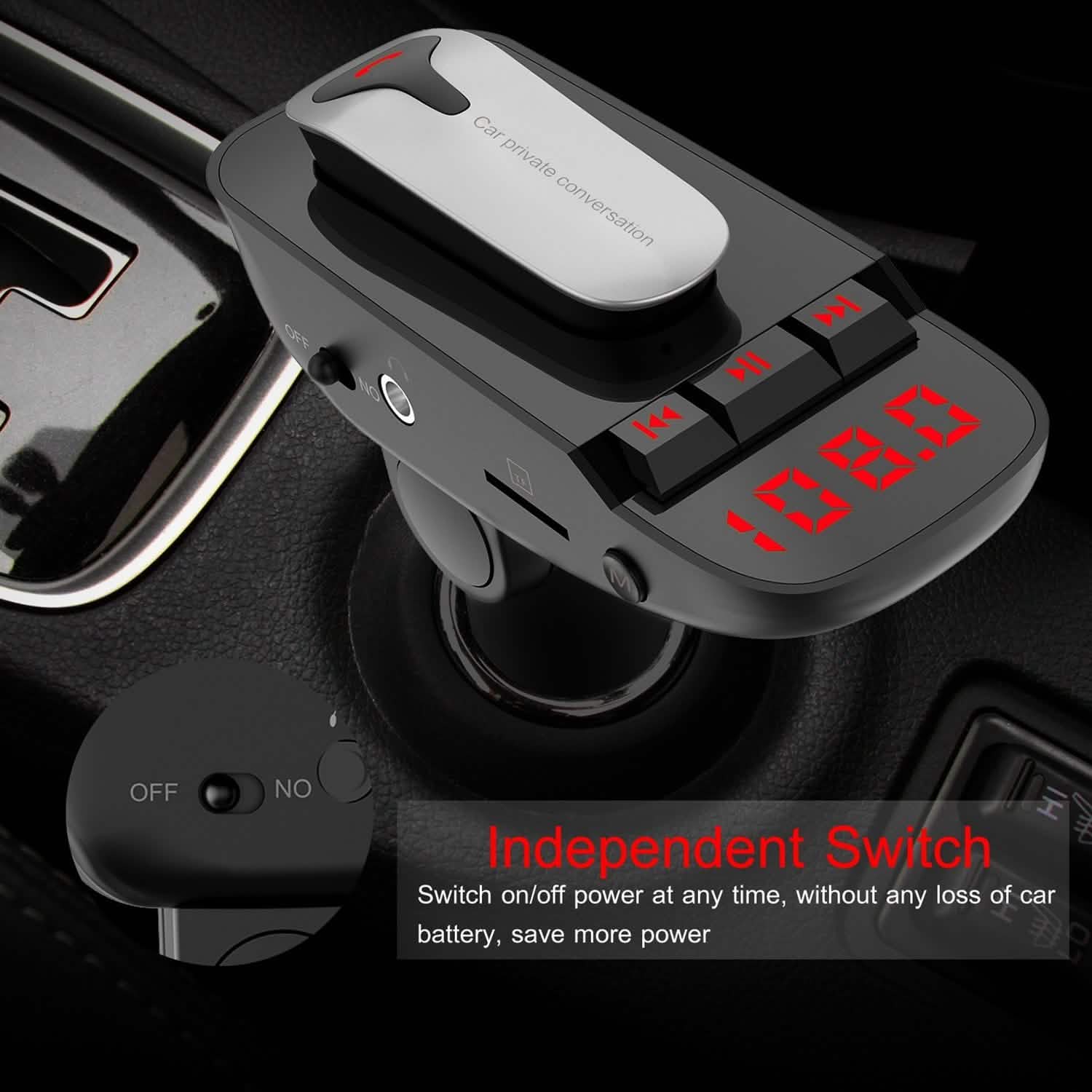 Car FM Transmitter with Wireless Earpiece 2 USB Charge Ports DailySale