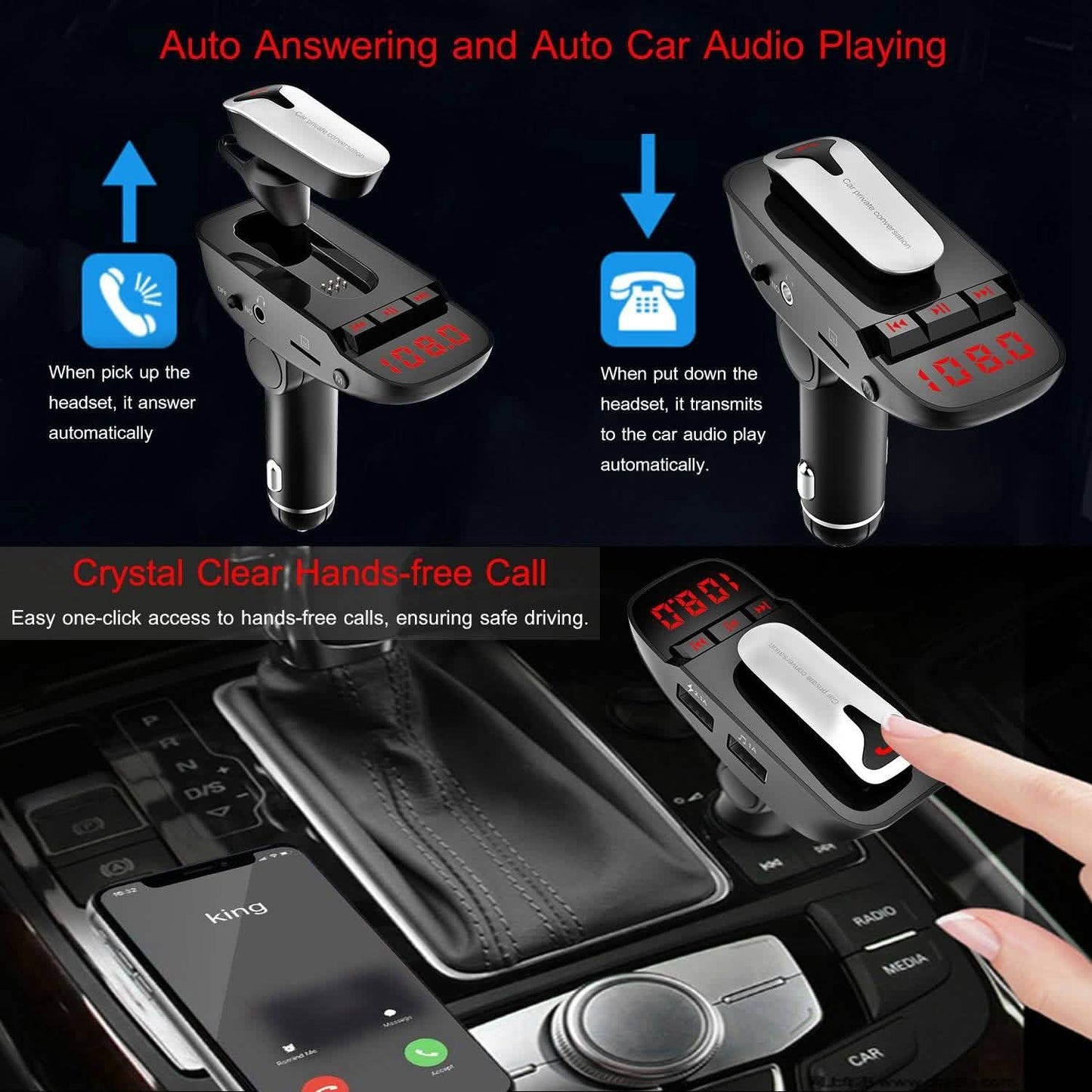 Car FM Transmitter with Wireless Earpiece 2 USB Charge Ports DailySale