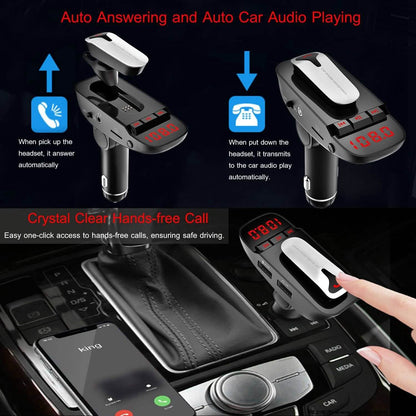 Car FM Transmitter with Wireless Earpiece 2 USB Charge Ports DailySale