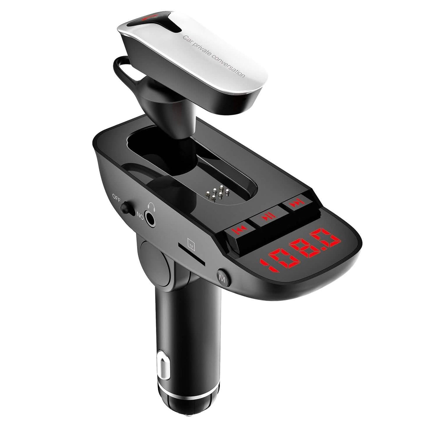 Car FM Transmitter with Wireless Earpiece 2 USB Charge Ports DailySale