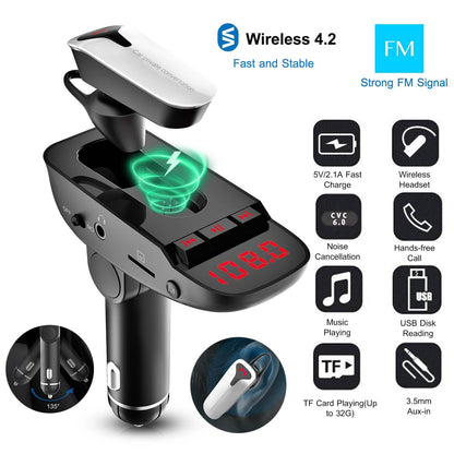 Car FM Transmitter with Wireless Earpiece 2 USB Charge Ports DailySale