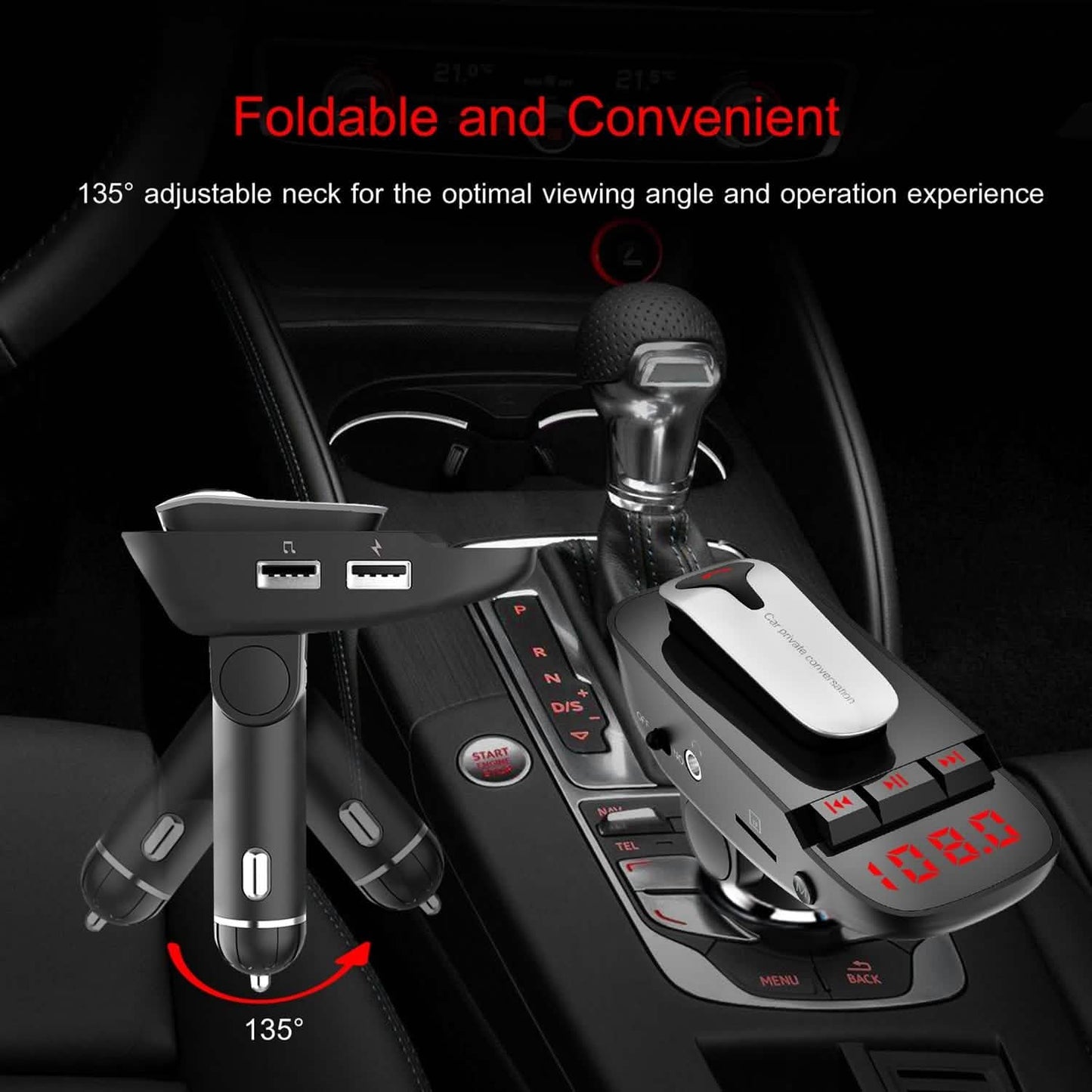 Car FM Transmitter with Wireless Earpiece 2 USB Charge Ports DailySale