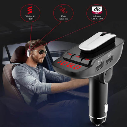 Car FM Transmitter with Wireless Earpiece 2 USB Charge Ports DailySale
