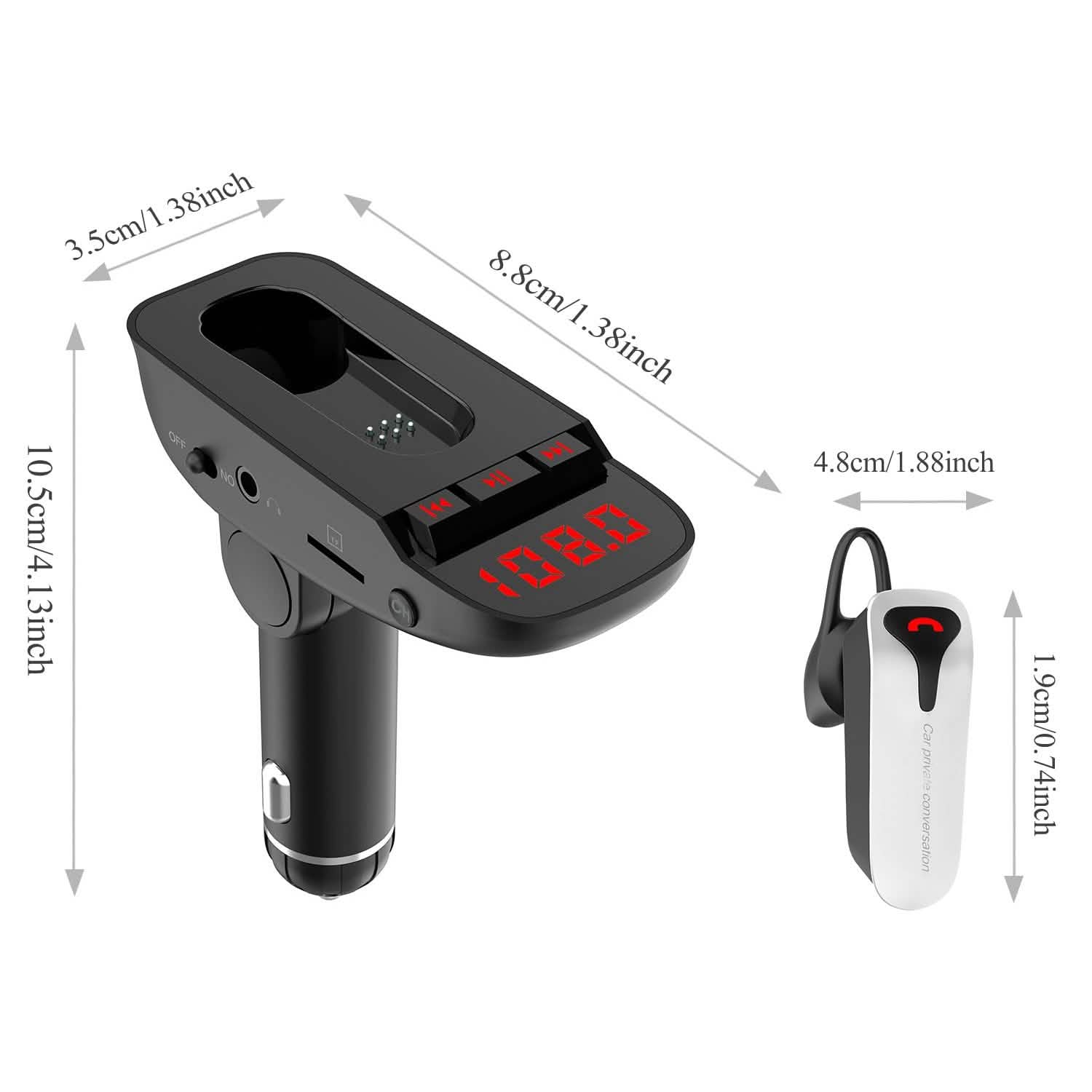 Car FM Transmitter with Wireless Earpiece 2 USB Charge Ports DailySale