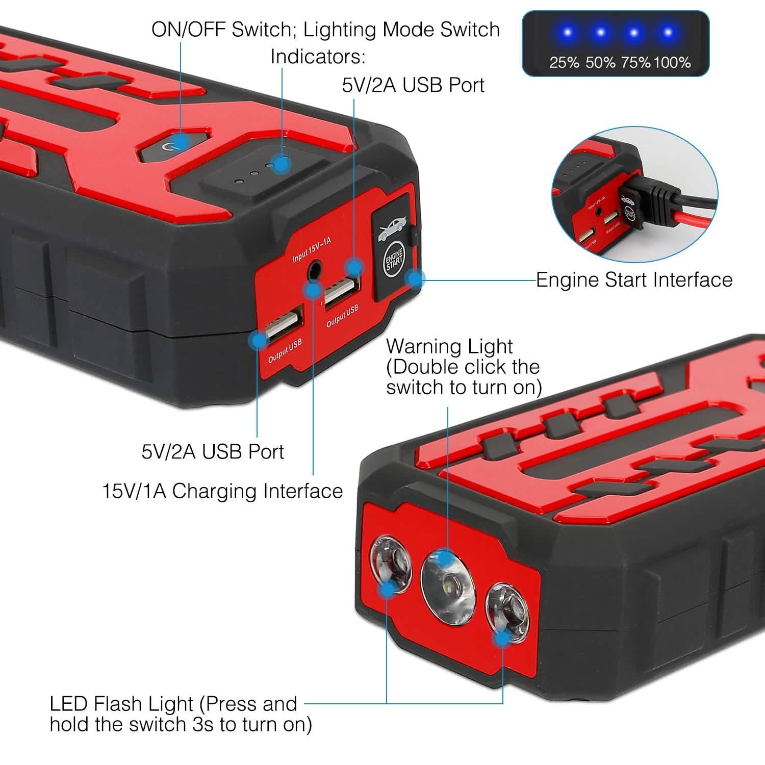 Car Jump Starter Booster with 4 Modes LED Flashlight DailySale