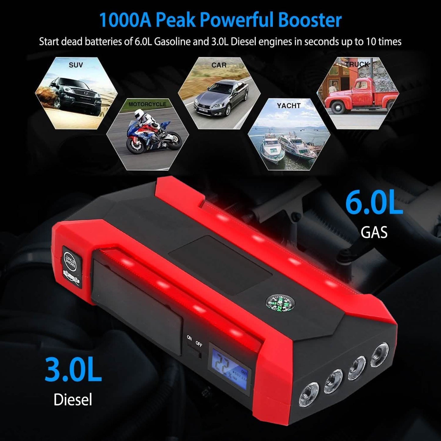 Car Jump Starter Booster with LCD Screen 4 Modes LED Flashlight DailySale