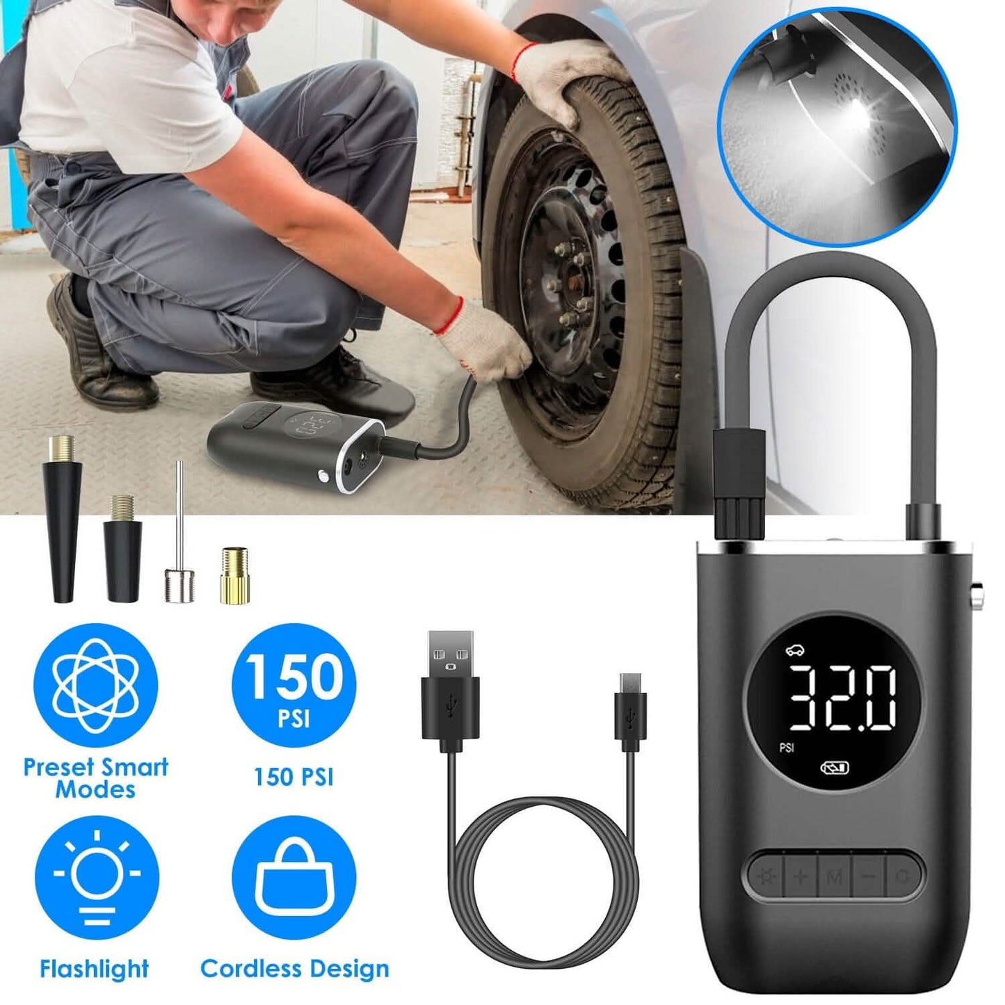 Car Tire Inflator Pump Portable 150 PSI with LED Light DailySale