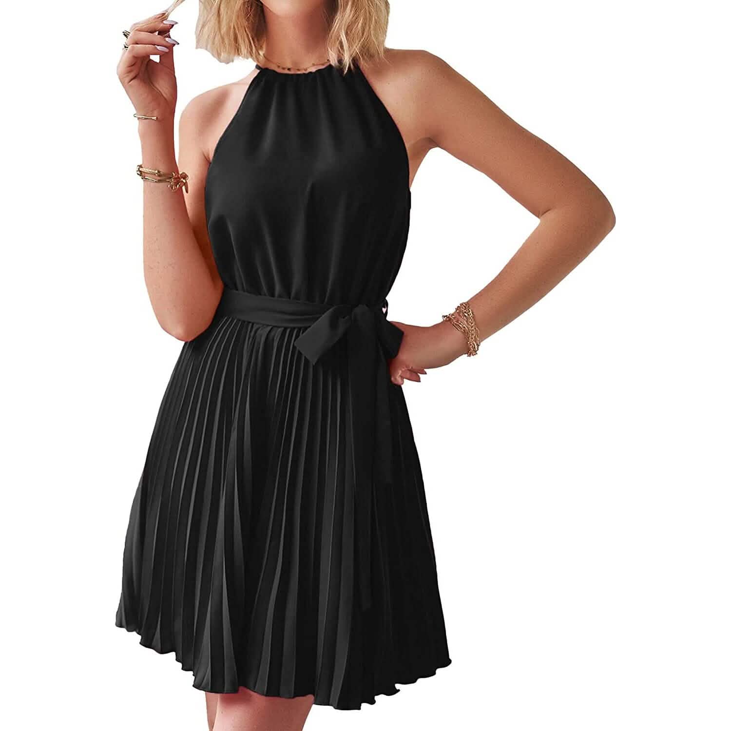 Casual Halter Neck A-Line Dress Sleeveless Belted Swing Pleated Cocktail Party Beach Mini Dresses DailySale