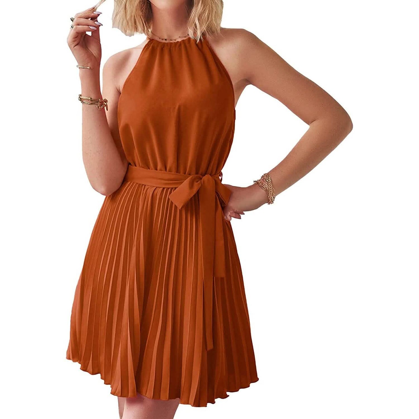 Casual Halter Neck A-Line Dress Sleeveless Belted Swing Pleated Cocktail Party Beach Mini Dresses DailySale
