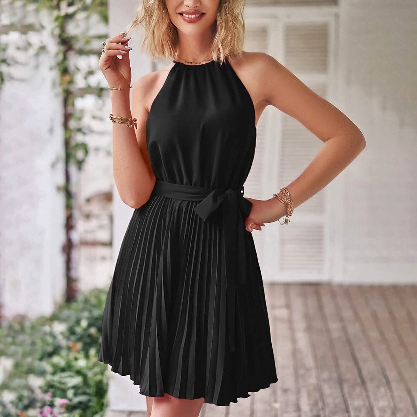 Casual Halter Neck A-Line Dress Sleeveless Belted Swing Pleated Cocktail Party Beach Mini Dresses DailySale