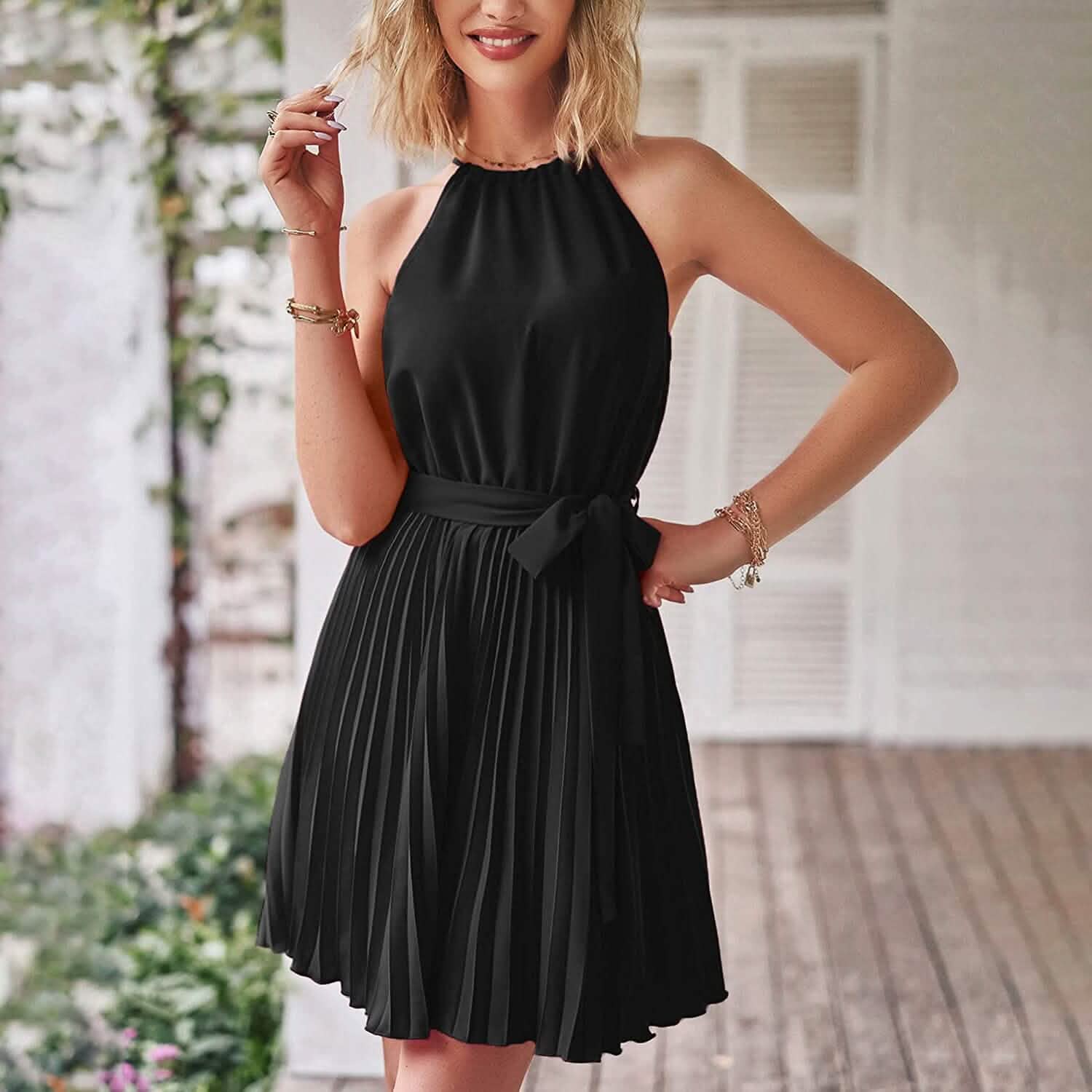 Casual Halter Neck A-Line Dress Sleeveless Belted Swing Pleated Cocktail Party Beach Mini Dresses DailySale