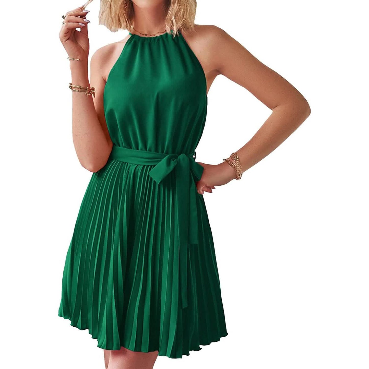 Casual Halter Neck A-Line Dress Sleeveless Belted Swing Pleated Cocktail Party Beach Mini Dresses DailySale