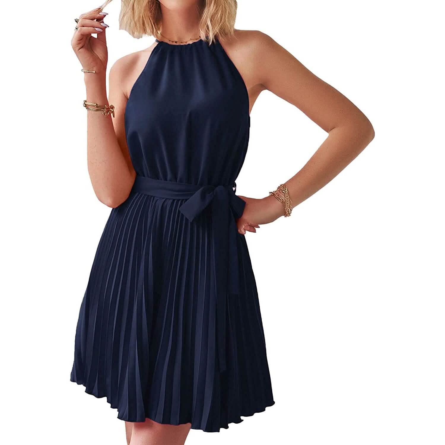 Casual Halter Neck A-Line Dress Sleeveless Belted Swing Pleated Cocktail Party Beach Mini Dresses DailySale