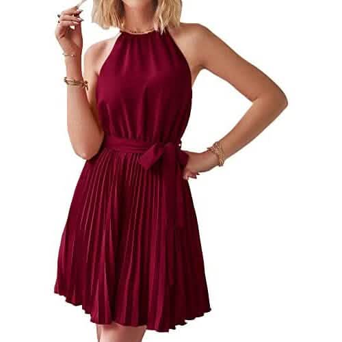 Casual Halter Neck A-Line Dress Sleeveless Belted Swing Pleated Cocktail Party Beach Mini Dresses DailySale