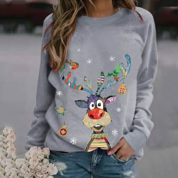 Casual O-Neck Long Sleeve Elk Print Hoodies and Pullover Tops Tees Hoody DailySale