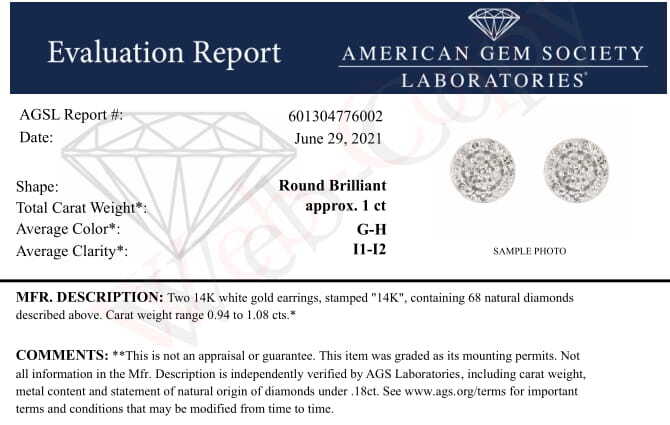 AGS Certified 14K White Gold 1.0 Cttw Brilliant-Cut Diamond Halo-Style Cluster Round Button Stud Earrings (G-H Color, I1-I2 Clarity) Bids.com